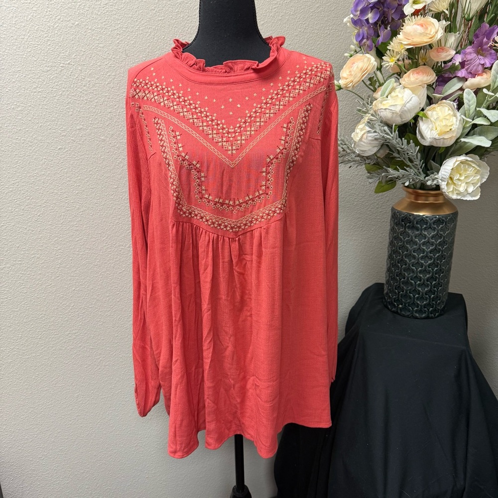NWT Torrid 1X Crinkle Gauze Embroidered Blouse in Baked Apple | Plus Size Boho